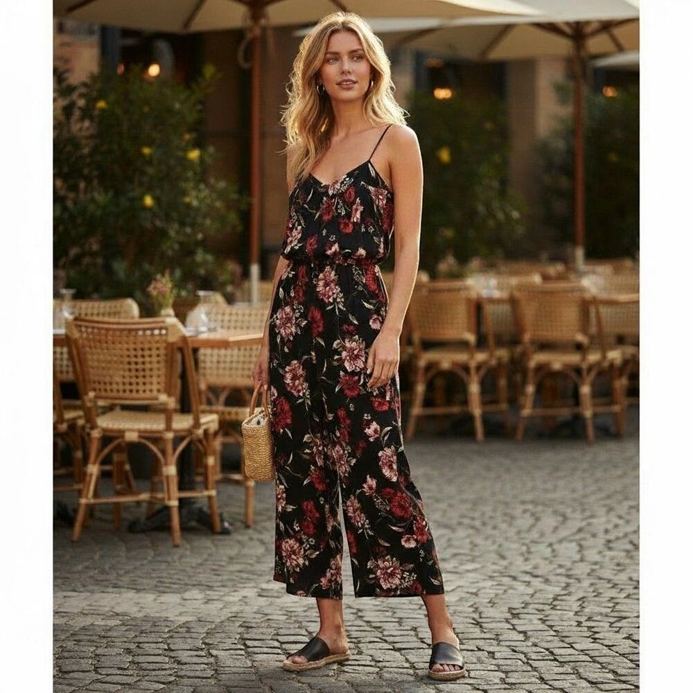 Y2K Floral SummerJumpsuit Sz Small Black Floral Boho Retro Vintage Barbiecore